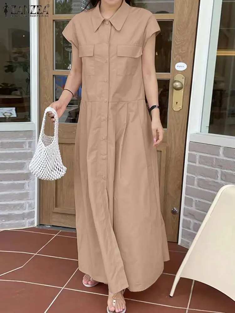 

ZANZEA Summer Fashion Long Shirt Dress Women Casual Lapel Neck Short Sleeve Loose Vestido Kaftan Elegant A-line Party Sundress
