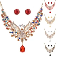 rhinestone necklace hollow jewelry set retro multicolor peacock bib ear studs