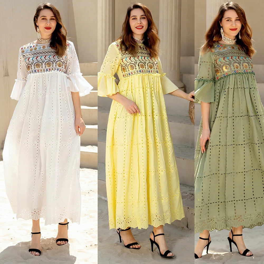 Robe Femme Musulmane Middle East Ramadan Lantern Sleeve Muslim Fashion Loose Arabic Sequin Embroidered Cotton Abayas For Women