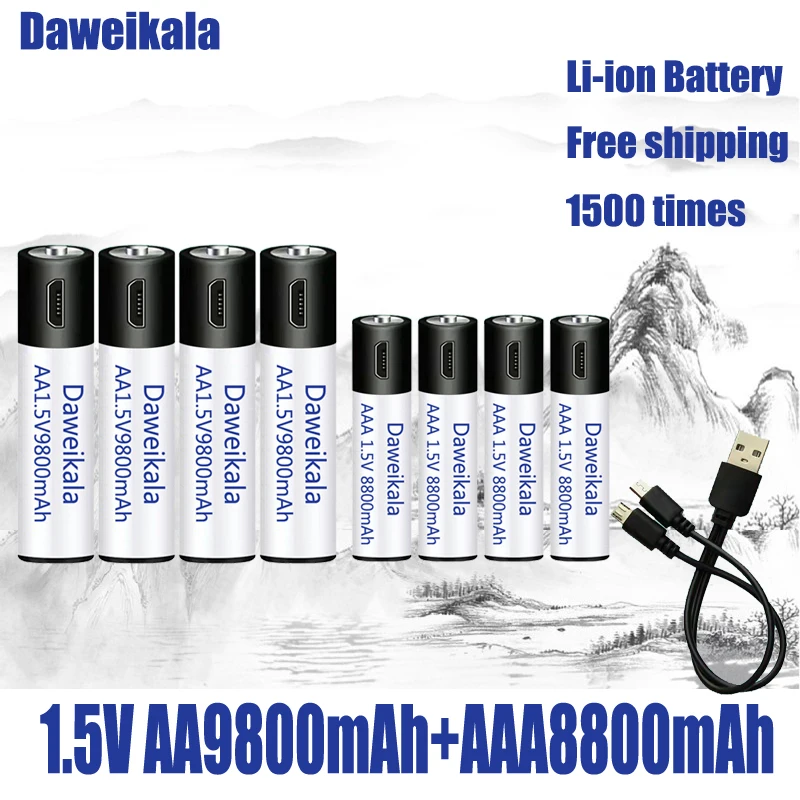 

1.5V AA + AAA USB Rechargeable Battery AA 9800mAh/AAA 8800mAh Li-ion Batteries for Toys Watch MP3 Player Thermometer+ Cable