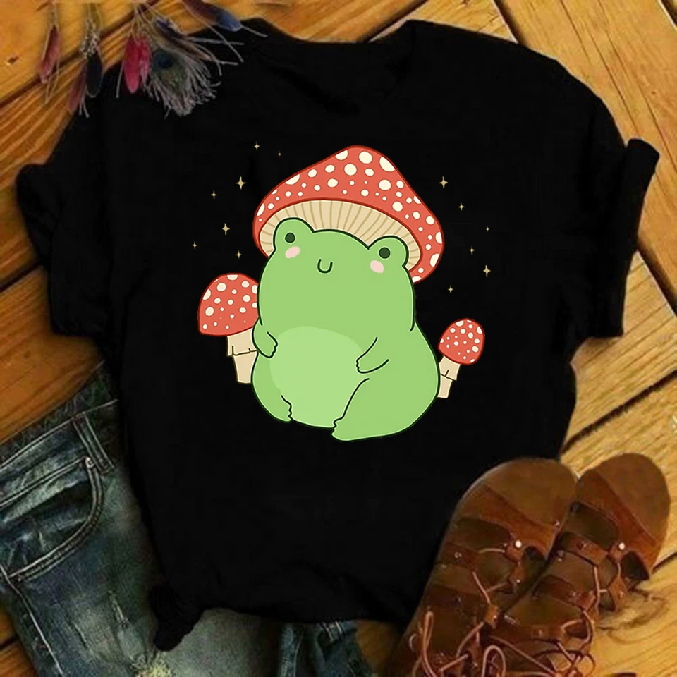 

Vintage Harajuku T Shirt Boho Style Frogs Mushroom Print Women T-Shirts Cute Ladies Tshirt Aesthetic Grunge Clothes Camisetas