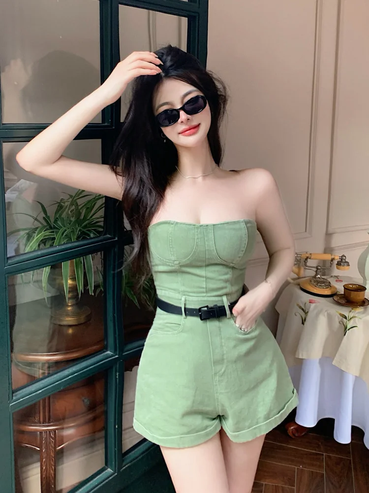 Женский джинсовый комбинезон с открытыми плечами повседневный из денима