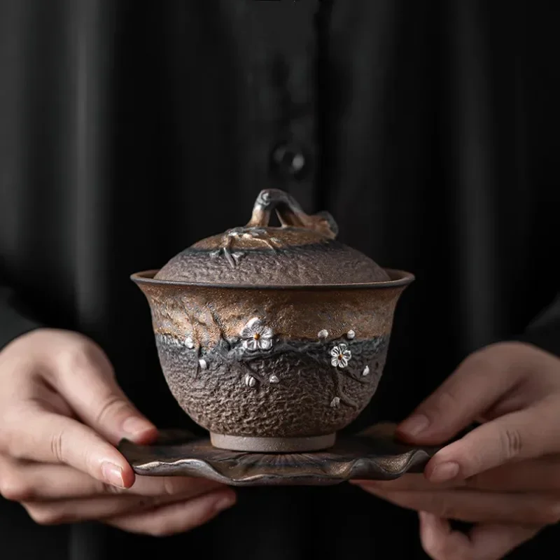 

Позолоченная железная глазурованная чаша в японском стиле с цветком сливы чайная чашка старинная Горелая грубая Керамика ручной работы для кухни Gaiwan teторе