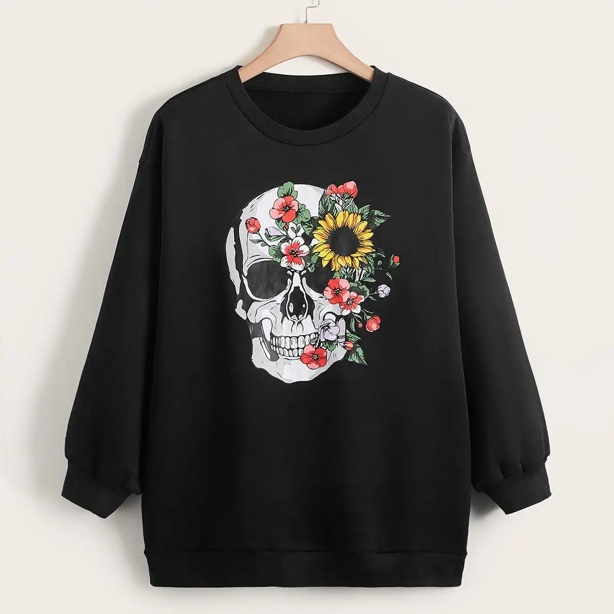 

Plus Size Skull & Floral Print Drop Shoulder Pullover Long Sleeve Sweater Loose Pullover Fashion Female Clothes Streetwear