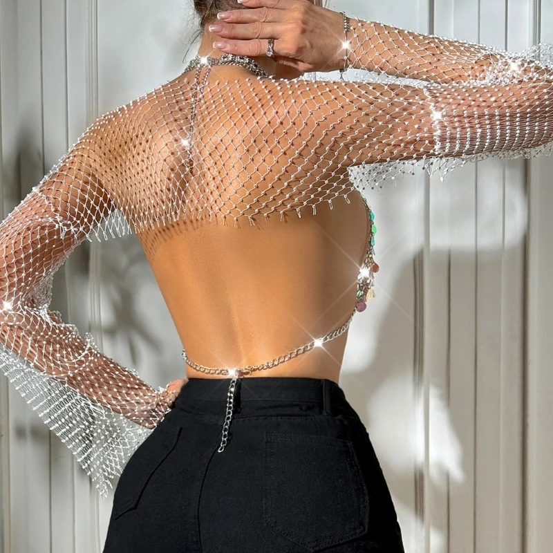 Сексуальный укороченный топ с длинными рукавами в сеточку со стразами и