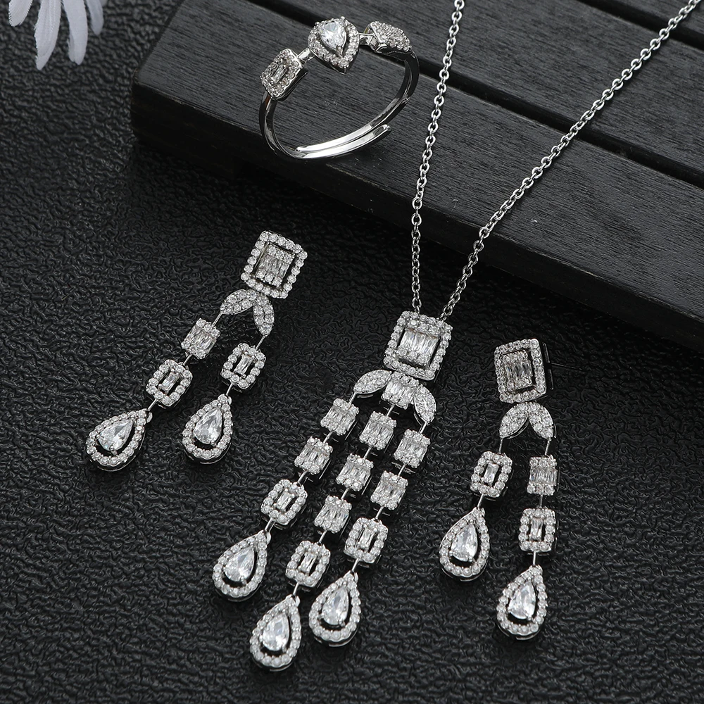 

New Luxury Square Waterdrop Tassel Cubic Zircon Engagement Dubai Naija Bridal Finger Rings Necklace Earring Jewelry Set S467