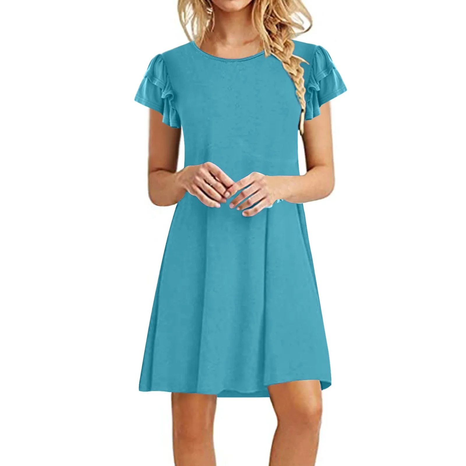 

Women'S Summer Vintage Solid Color Loose Crewneck Peplum Short-Sleeved Dress Dress Women Formal White Dress Woman Clothing