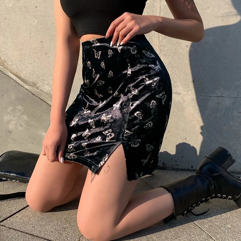 

2021 Womens Aesthetic High Waist Vintage Harajuku Black Gothic Skirt Sexy Mini Skirt Velvet Butterfly Embroidery Black Skirts