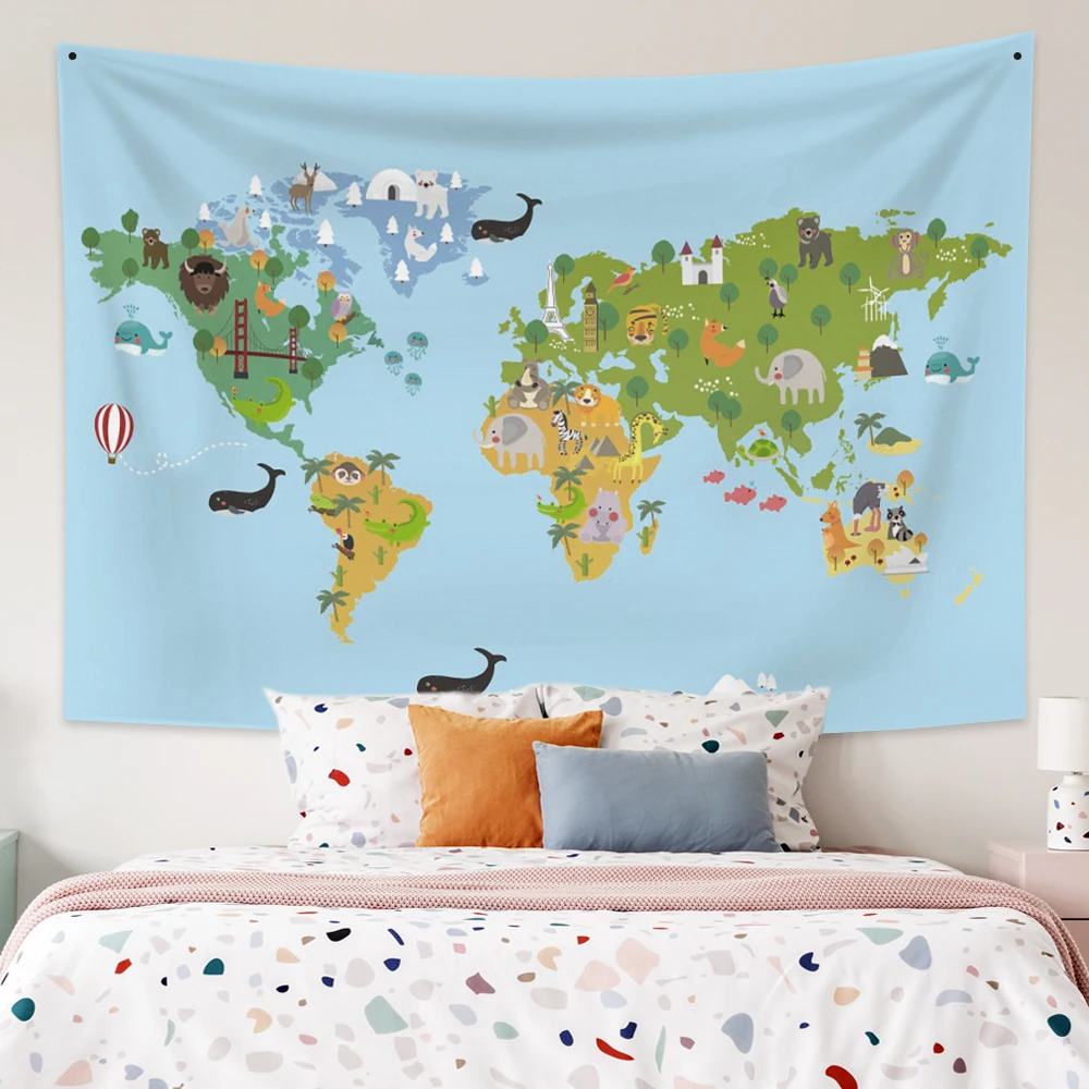 

Животные карта мира мальчик девочка ребенок искусство гобелен эстетика спальня декоративный коврик для йоги большой размер простыня диван...