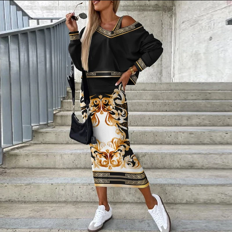 Женский костюм с винтажным принтом свободная блузка длинным рукавом облегающее