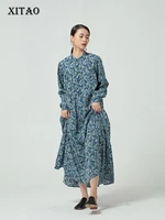xitao patchwork print pattern draped dress women 2021 autumn casual fashion style temperament all match women clothes dzl2862