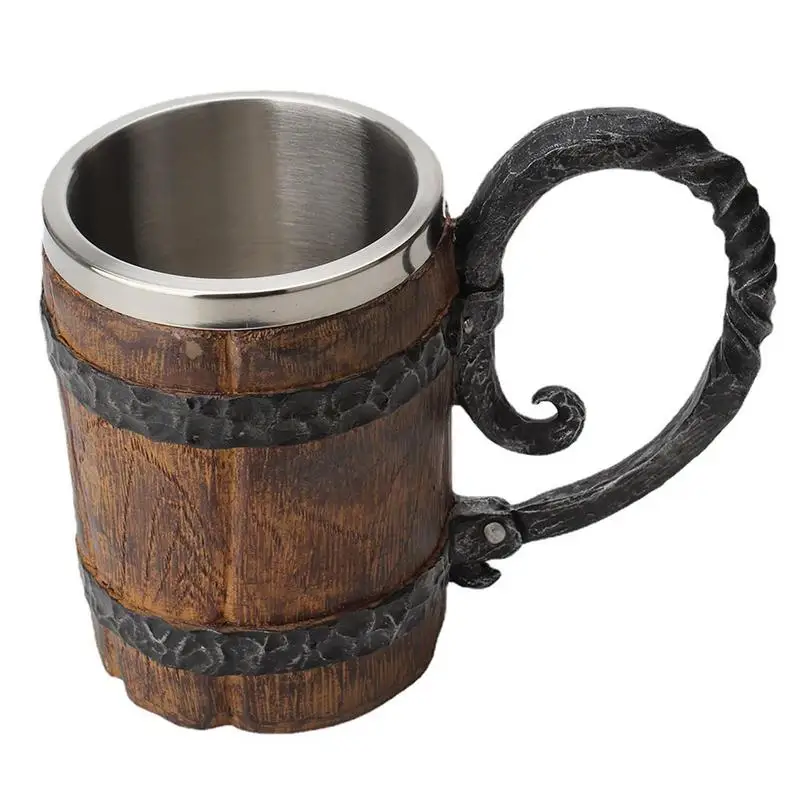 

550ml Vintage Imitation Wooden Barrel Beer Mug Leak-proof Stainless Steel Drinkware With Handle Handmade Medieval Cocktail Mug