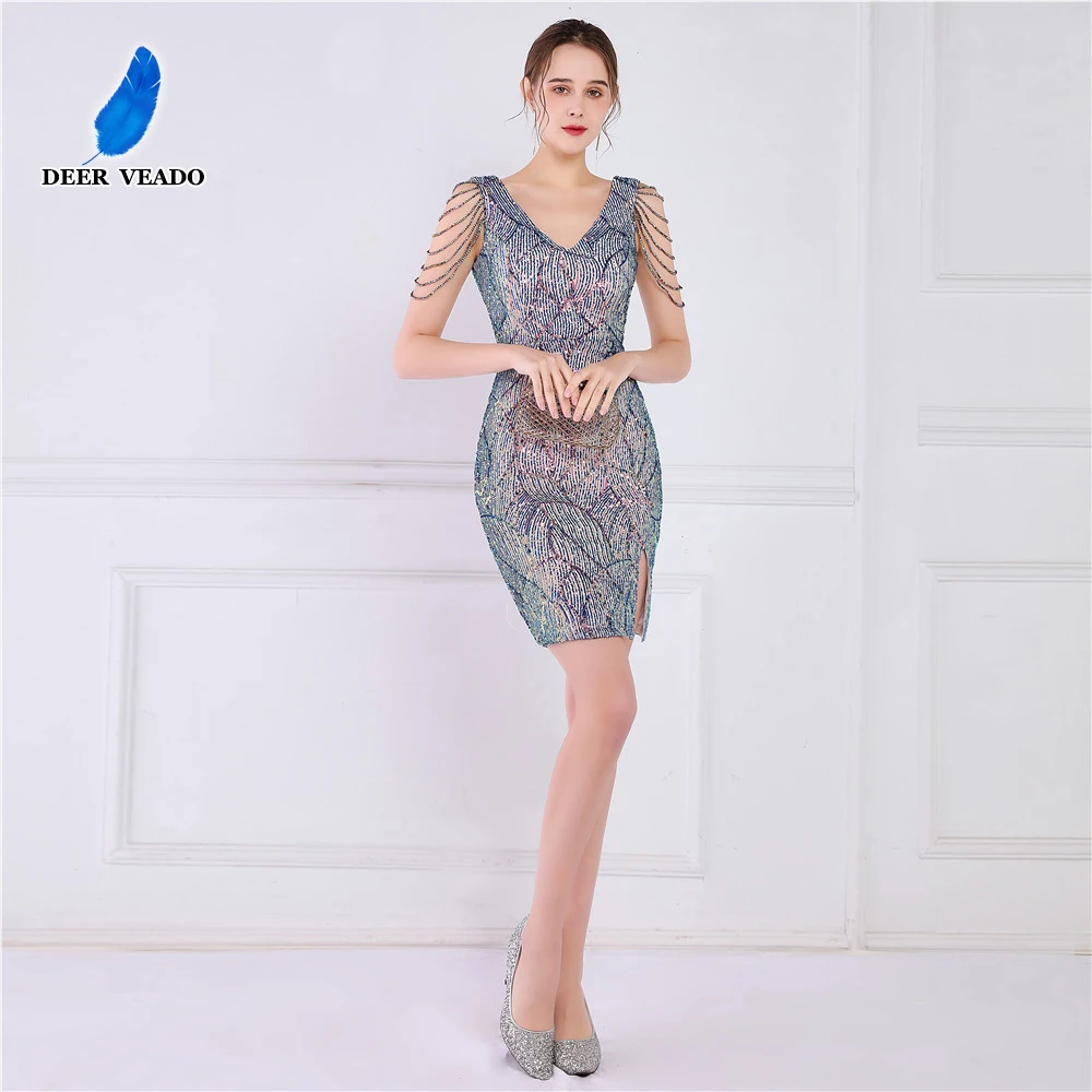 

DEERVEADO Mermaid V Neck Blue Sequin Party Bodycon Dress Women Sexy Beading Evening Dress 2022 New Short