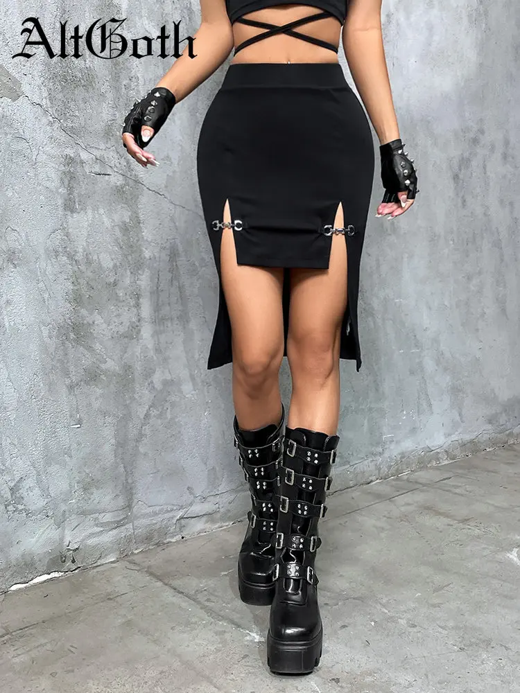 

AltGoth Dark Academia Gothic Skirt Woomen Vintage Punk High Waist Metal Buckle Split Skirt Aesthetic Coquette Nightclub Skirts