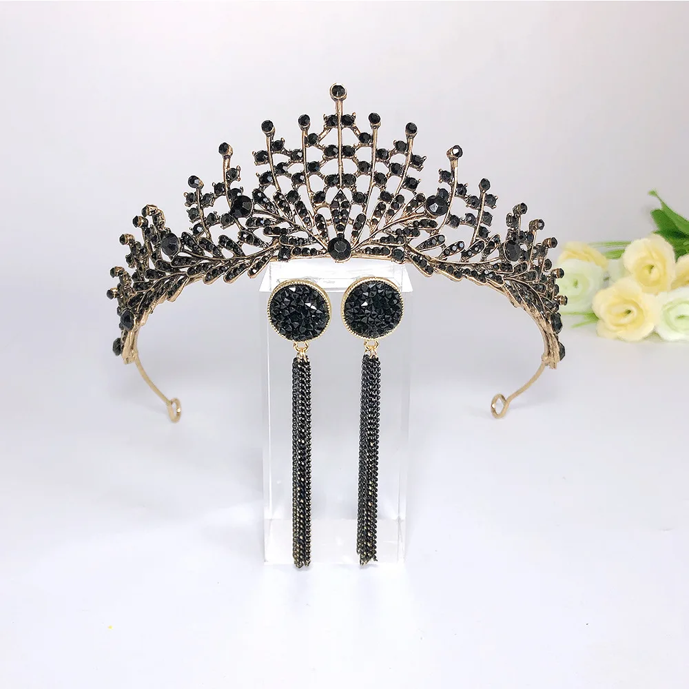 

MYFEIVO Retro Black Crown Tiara with Earrings Hair Accessories Women Queen Girls Princess Halloween Cosplay Headband XXY0584