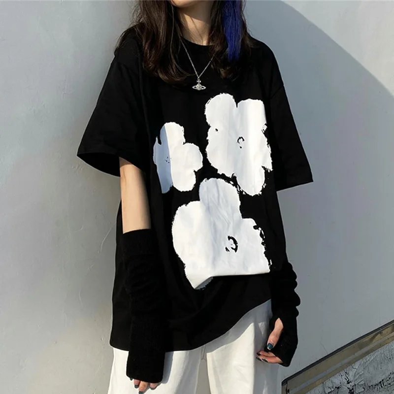 

Модная уличная одежда, хлопковый топ y2k, женская футболка в стиле Харадзюку, Винтажная футболка с черным цветочным принтом, летняя Свободная...