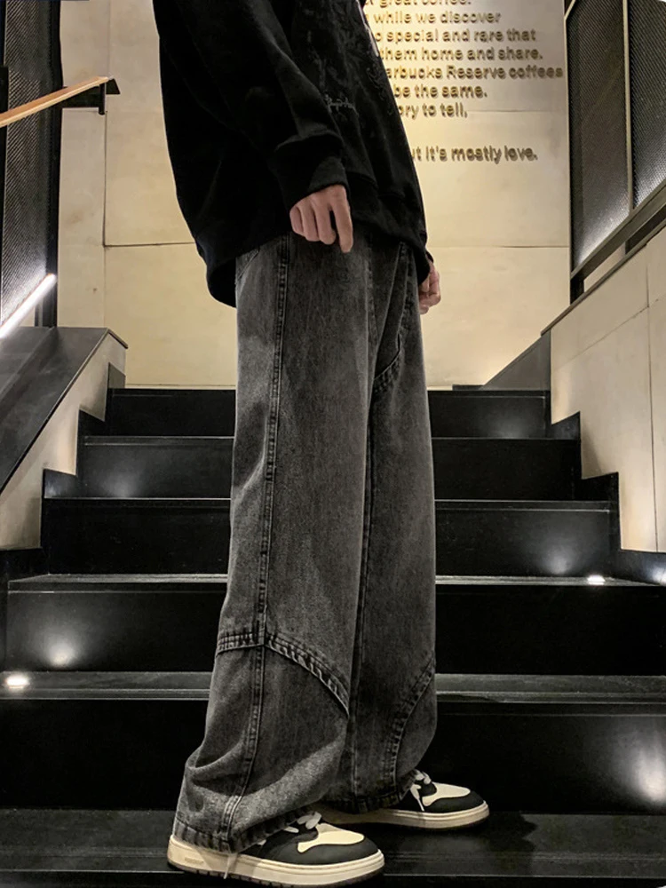 New Men's Retro Straight Jeans Men's Designer Long Pants Fashion Stitching Design Solid Color Casual Jeans Street Clothing Denim