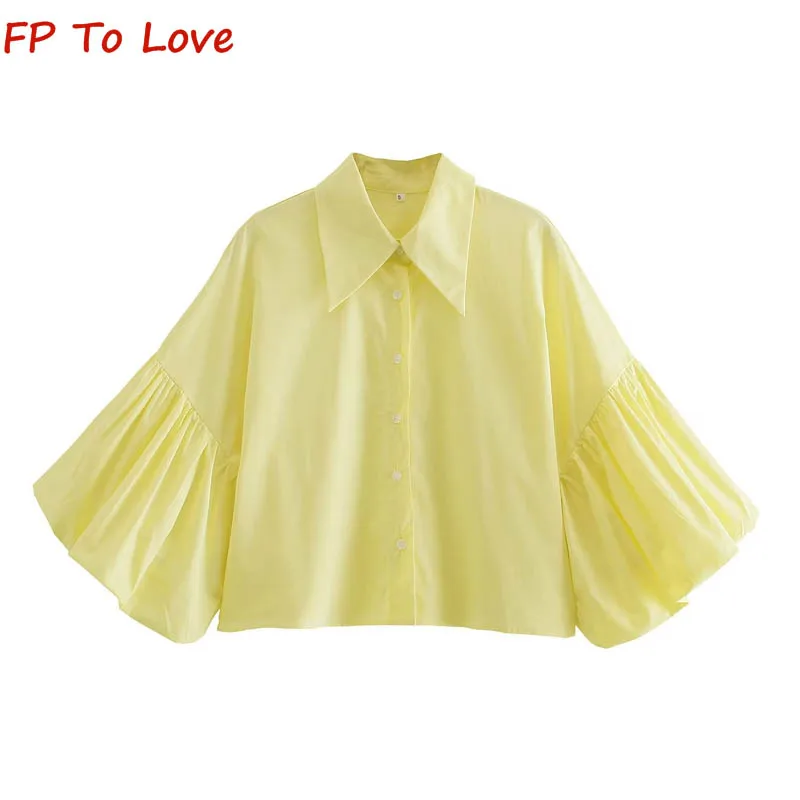 

OOTD French Style 2023 Summer Striped Loose Puff Sleeve Printed Shirt Office Short Women's Single-Breasted Top