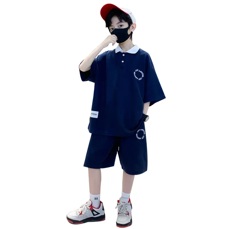 

Boys New Summer Solid Color Suit Kids Short Sleeve Korean T-shirt + Shorts 2pcs Loose Casual Outfits for Teenager Clothing Sets