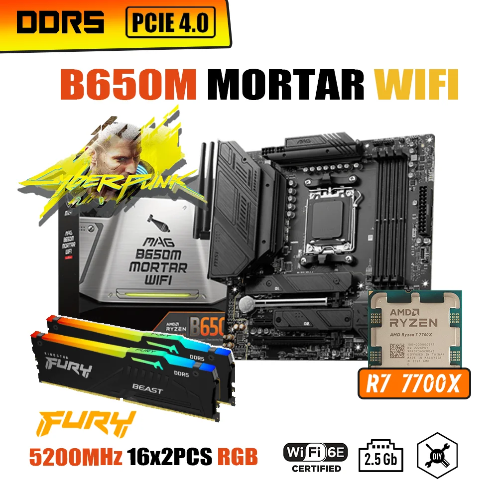 

Combo MSI MAG B650M MORTAR WIFI DDR5 Motherboard AM5 With AMD Ryzen 7 7700X Processor Kit Fury 5200MHz DDR5 16G x2 RGB Memory