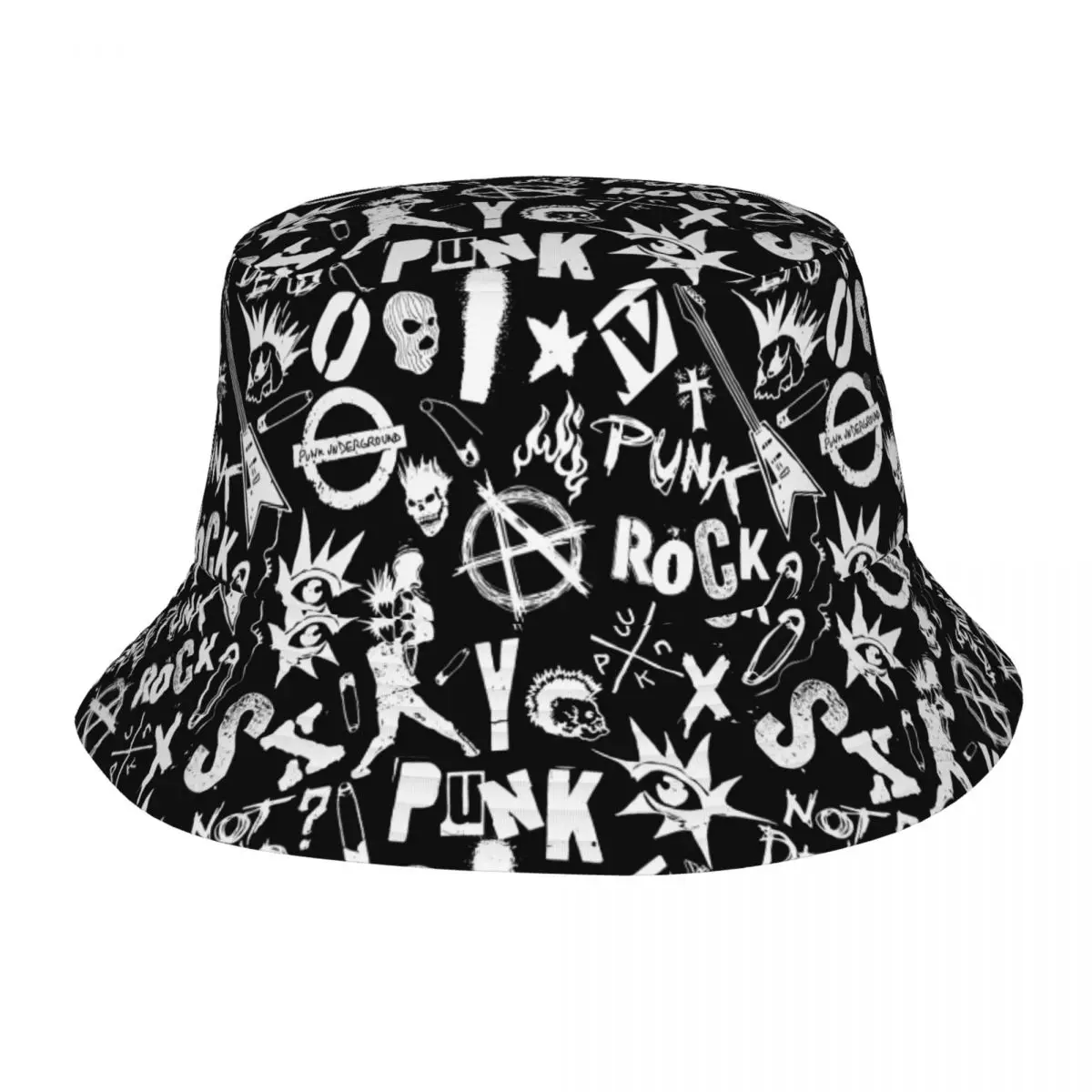 

70s Punk Rock Anarchy Symbols Skulls Bob Hats Hot Summer Headwear Merch Fishing Hat for Outdoor Men Women Panama Hat Lightweight