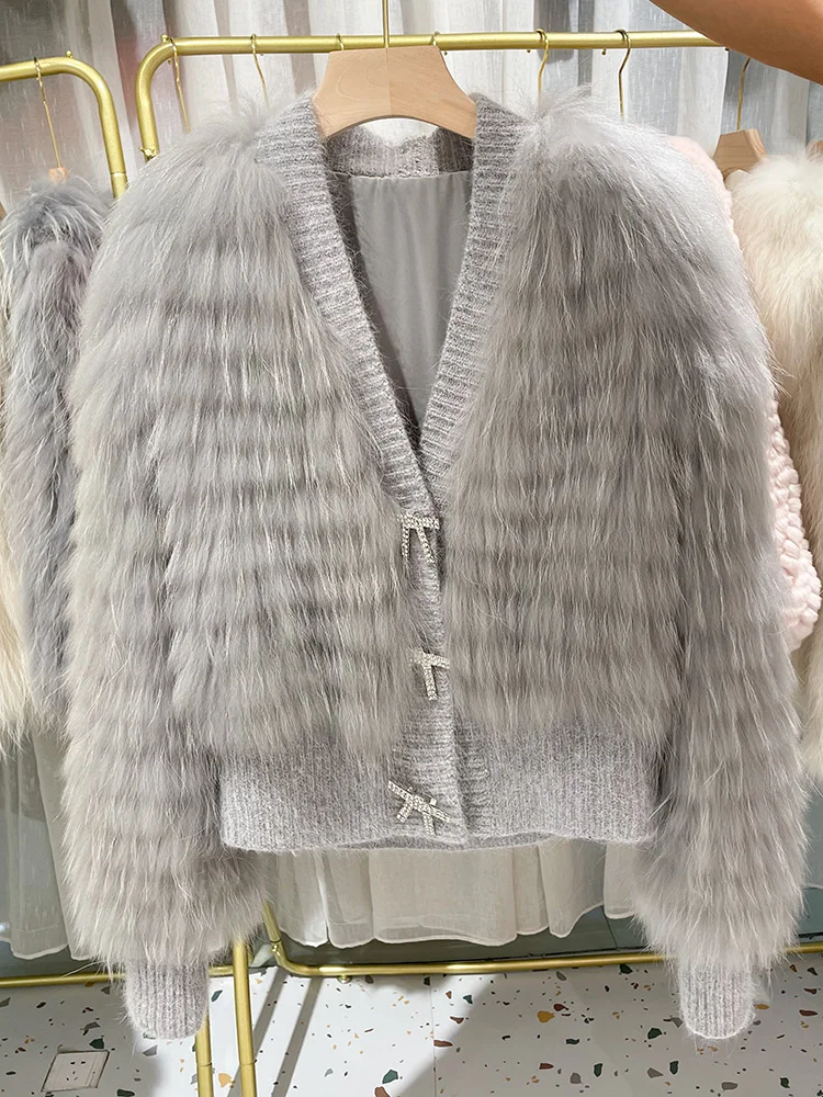 

genuine Luxury brand 2023 Winter Jacket Women Real Coat Natural Raccoon Fur Strip Sewed Toghter V-neck Thick Loose Warm Outerwea