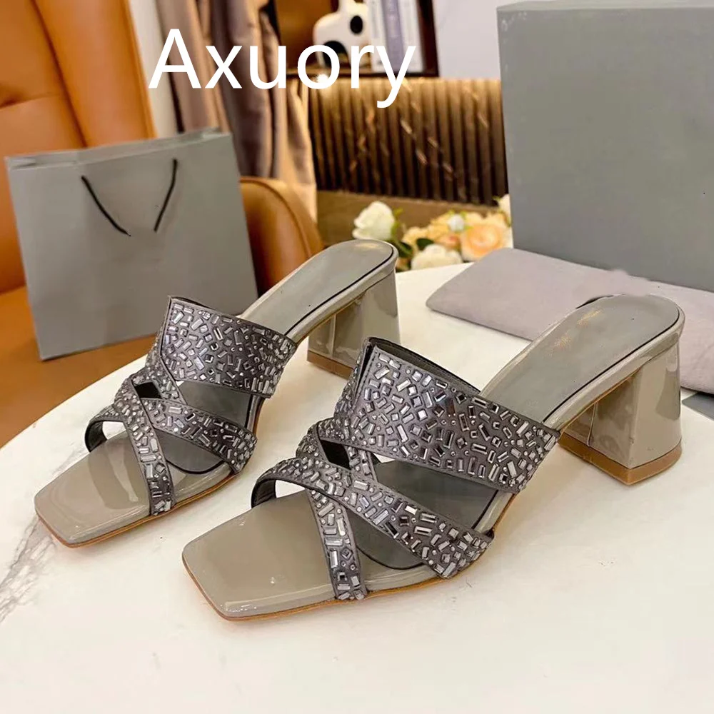 2023 Women's high heels Slippers Shoe fashion Diamond embellishments Luxury Design Diamond Inlay Genuine Leather thick heel
