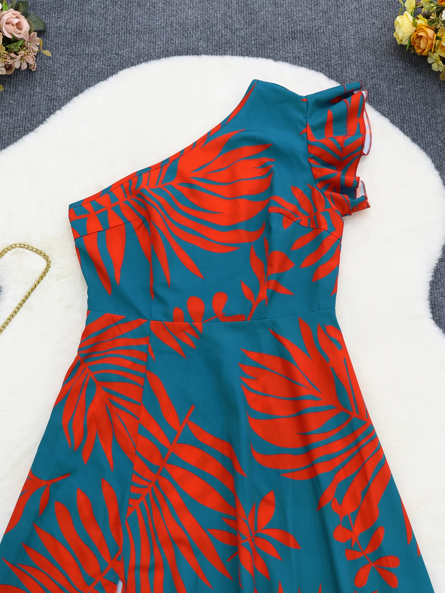 Женское платье макси на одно плечо с тропическим принтом