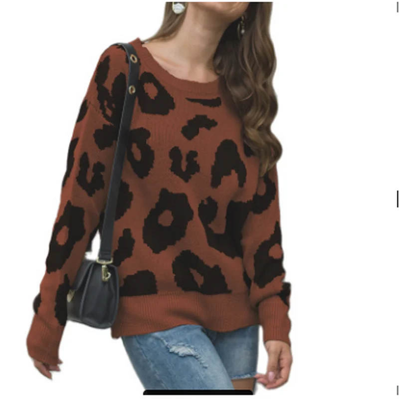 

Winter Women Round Neck Long-Sleeved Vortex Pattern Casual Loose Comfortable Woolen Leopard Print Ladies Sweater Fashion Warm
