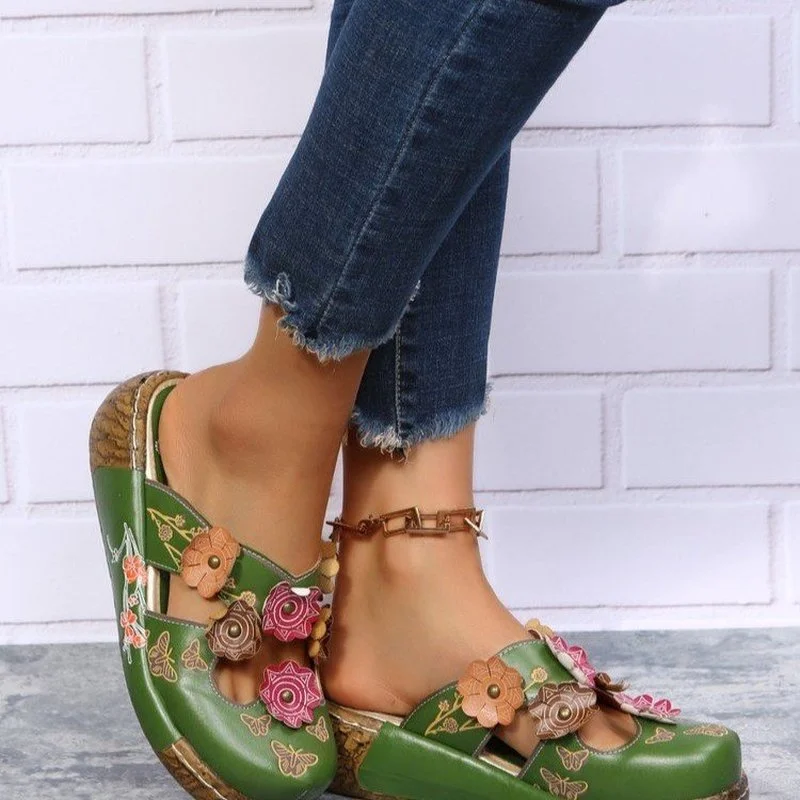 

Сандалии женские ручной работы, босоножки на толстой нескользящей подошве, с цветочным принтом, мягкие тапочки с закрытым носком, лето 2022