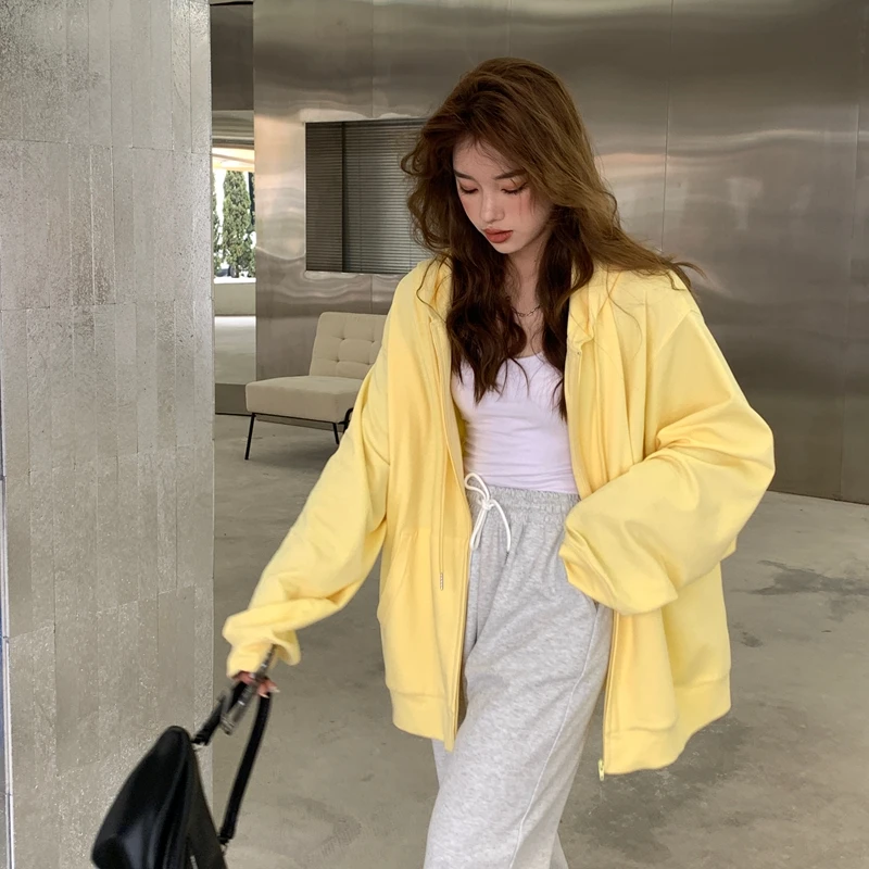 

Zipper Sweater Jacket Women Summer Thin Cardigan Slim High Waist Long Sleeve Short Top Hooded Loose Solid Color