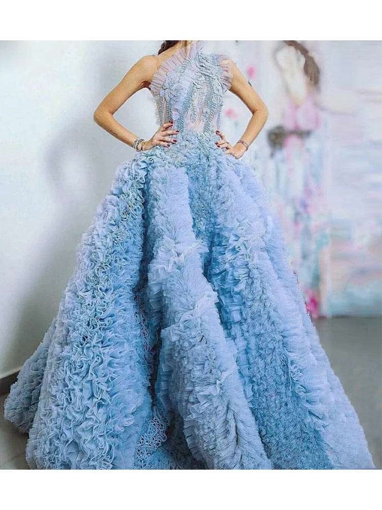 

2022 небесно-голубые платья а-силуэта на одно плечо, вечерние платья с блестящими оборками, пушистое вечернее платье из тюля, вечернее платье