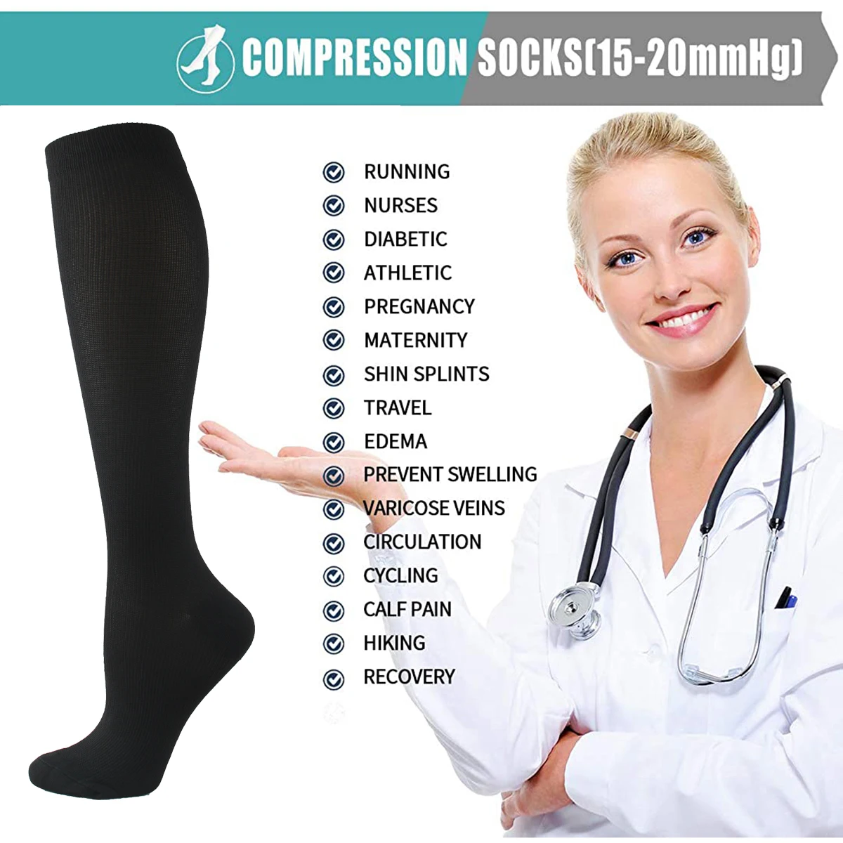 Wholesale Nylon Compression Socks Women and Men Knee High 20 MmHg Sports Running Socks Edema Diabetes Varicose Veins Men Socks