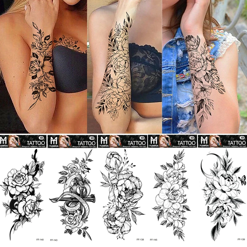 

Temporary Tattoos Sticker Waterproof Black Flower Sketch Rose Long Lasting Body Art Beauty Fashion Tattoo Temporary Waterproof