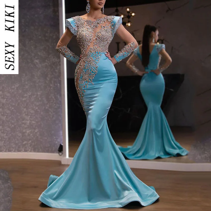 

2022 light blue mermaid skirt banquet long sand gold slim temperament annual meeting evening dress women's party sequin dress