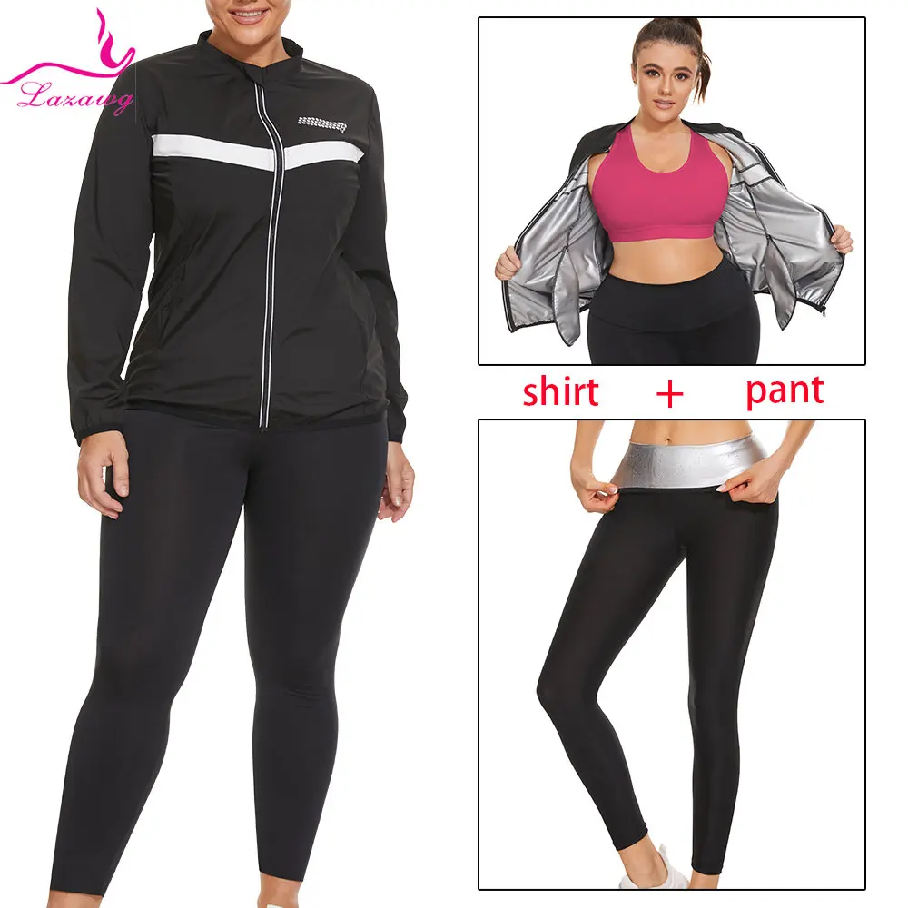 LAZAWG Sauna Suit for Women Sweat Set Weight Loss Pants Slimming Jacket Workout Top Trousers Body Shaper Fat Burner Gym Fitness