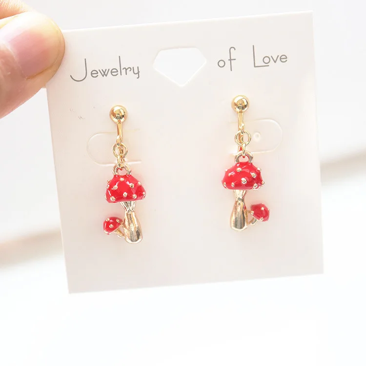

925 Silver Japanese Idyllic Women's Enamel Oil Dripping Lovely Mushroom S925 Silver Needle Pierced Metal Ear Clip Earrings