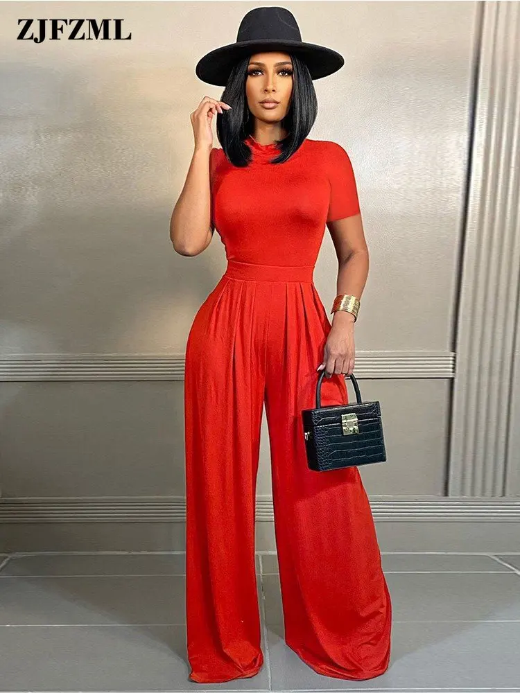 

Elegant Fashion 2 Two Piece Set Club Outfits Office Ladies Work Business Tracksuits 2023 Short Sleeve Tops + Wide Leg Trouser