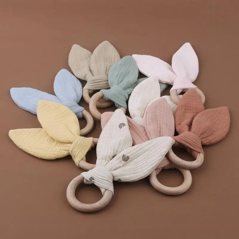

Wooden Baby Teether Cotton Cloth Rabbit Ear Teething Ring Rodent Rattle Toy