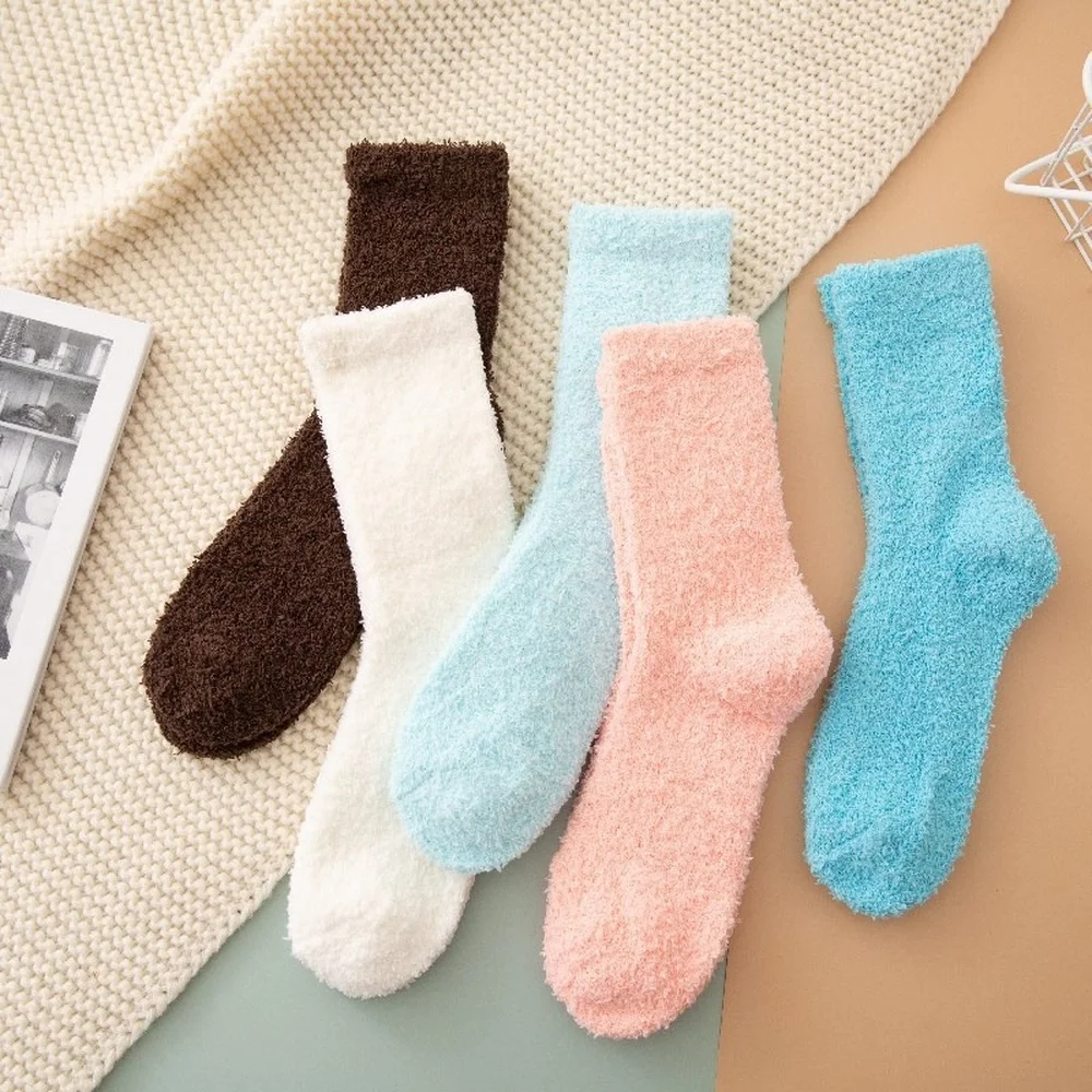 5 Pairs Autumn and Winter Plus Velvet Thickened Half Velvet Women Socks Solid Color Warm Coral Fleece Socks Sleep Floor Socks