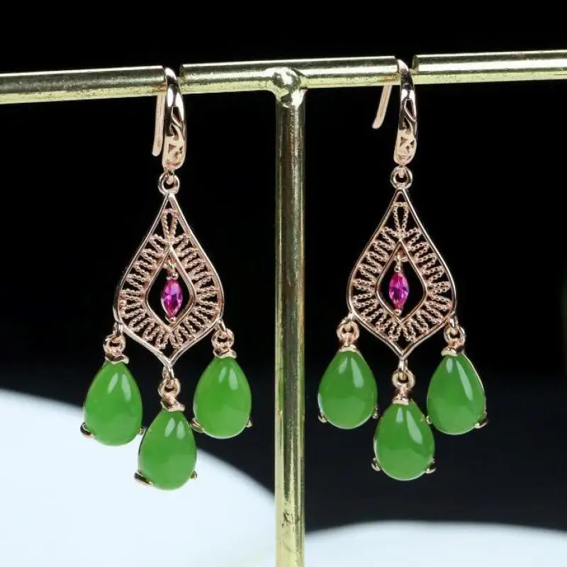 

925 Sterling Silver Amethyst Green Jade Dangle Earrings Women Fine Jewelry Accessories Natural Hetian Jade Jasper Drop Earring