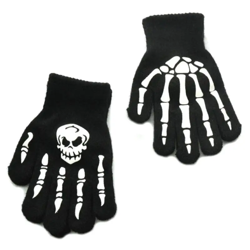 

Luminous Knitted Fingerless Gloves Halloween Winter Motorcycle Skeleton Mittens