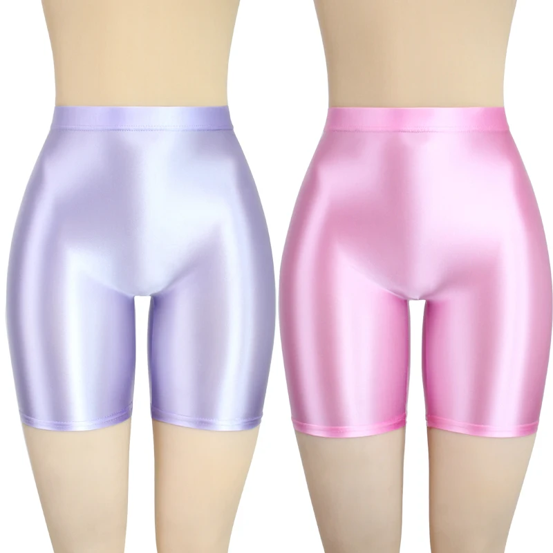 

sexy silk oil glossy Seamless front crotch slim high waisted swim shorts bikini brazilian satin smooth opaque yoga tights pants