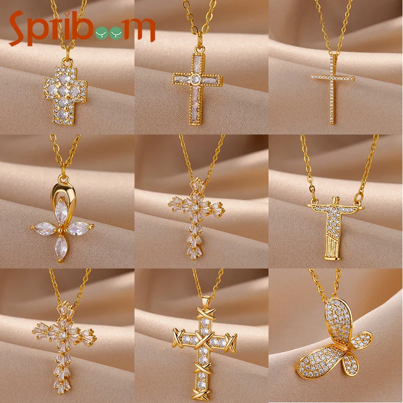 

Zircon Cross Pendant Necklace for Women Luxury Collares Para Mujer Gold Color Butterfly Necklaces Aesthetic Jewelry Accessories