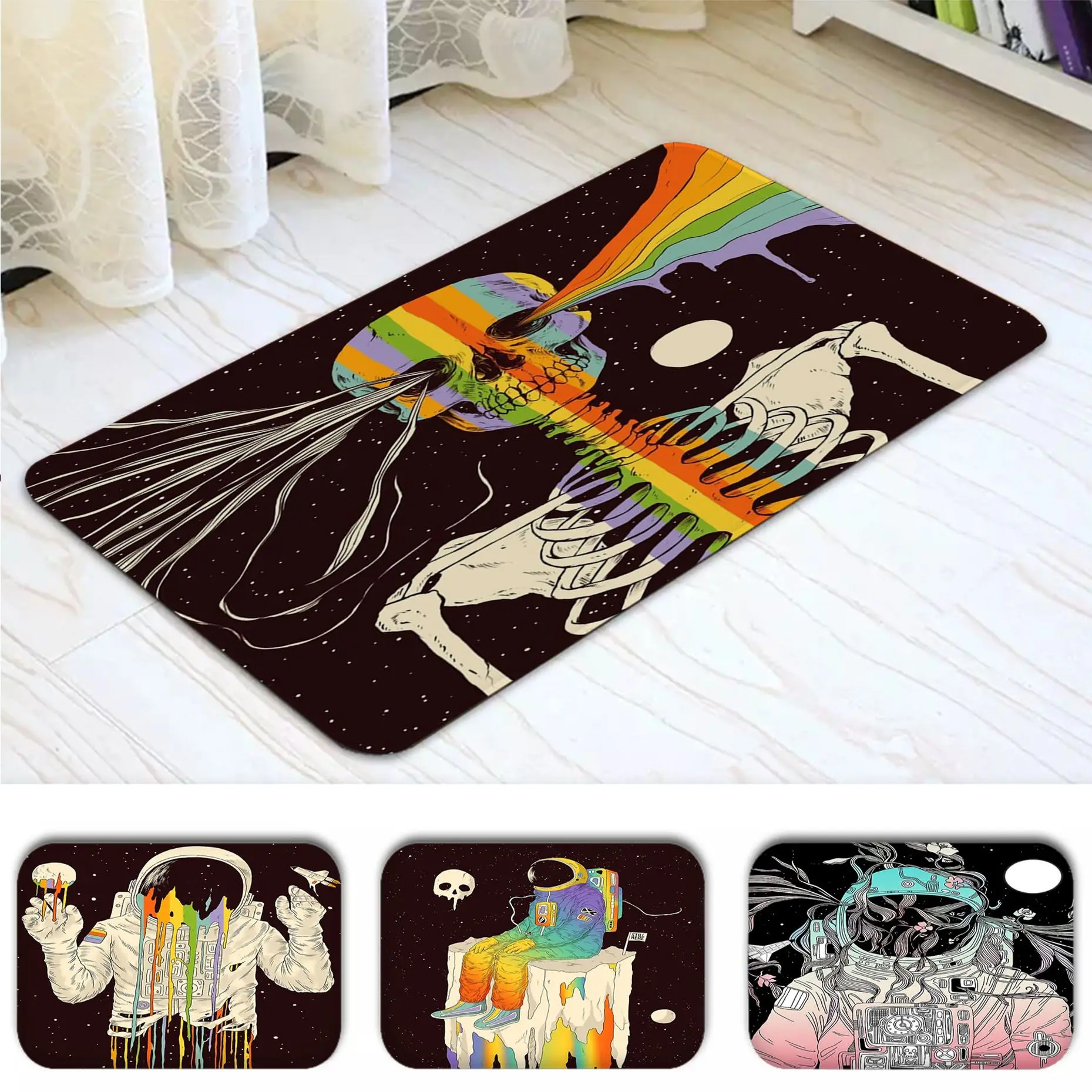 

Astronaut and Rainbow Floor Carpet INS Style Soft Bedroom Floor House Laundry Room Mat Anti-skid Welcome Rug