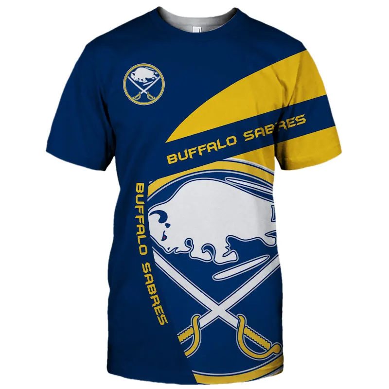

Summer Casual Tops Buffalo Men's fashion blue yellow stitching geometric cow print Sabres T-shirts