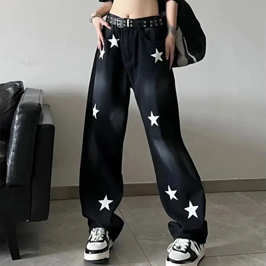 American Streetwear Black Baggy Jeans Women High Waist Gradient Grunge Pants Fashion New Star Print Wide Leg Trousers