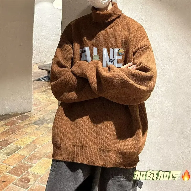 Autumn and Winter Turtleneck sweater Men's Letters Print Knit Tide Brand Bottoming Shirt 2024 New Temperament Slim fit Top