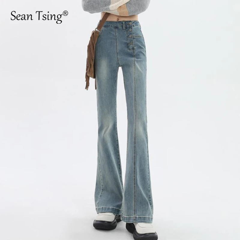 

Шон тсин®Джинсы-клеш Женские с завышенной талией, на пуговицах, весна 2023