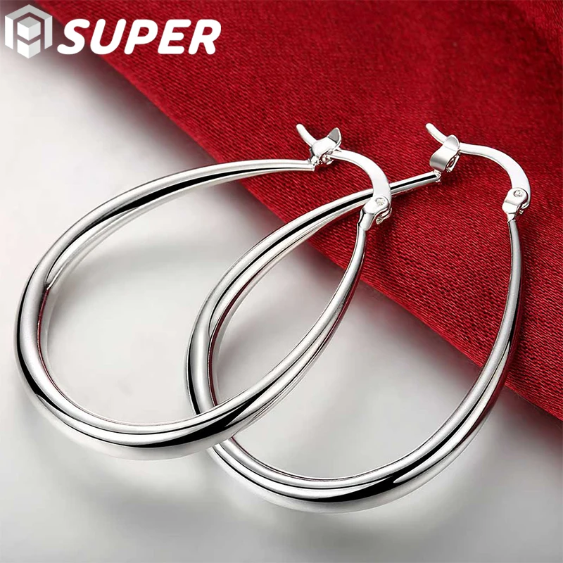 

925 Sterling Silver Smooth Circle 41mm Hoop Earrings For Women Lady Gift Fashion Charm High Quality Wedding Jewelry